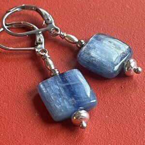 Blue Kyanite Silver Dangle Earrings, Minimalist Gemstone Earrings